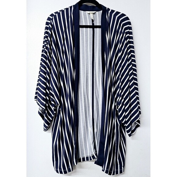 Soma Sweaters - SOMA Blue White Striped Open Front Women Kimono Cozy Soft Cardigan (L)